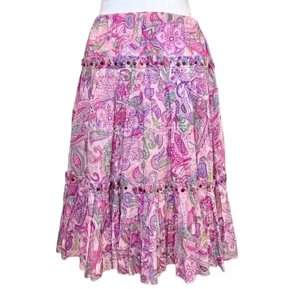 Beaded Boho Chic Pastel Purple Pink Paisley Tiered Ruffle Fairy Skirt Medium - Picture 1 of 8